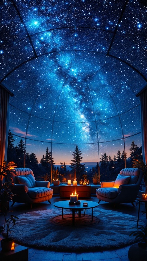 A cozy living room with a glass dome showcasing a starry sky and the Milky Way, featuring soft seating and candles.