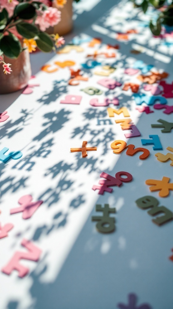 Colorful paper cutouts on a table with shadows from plants