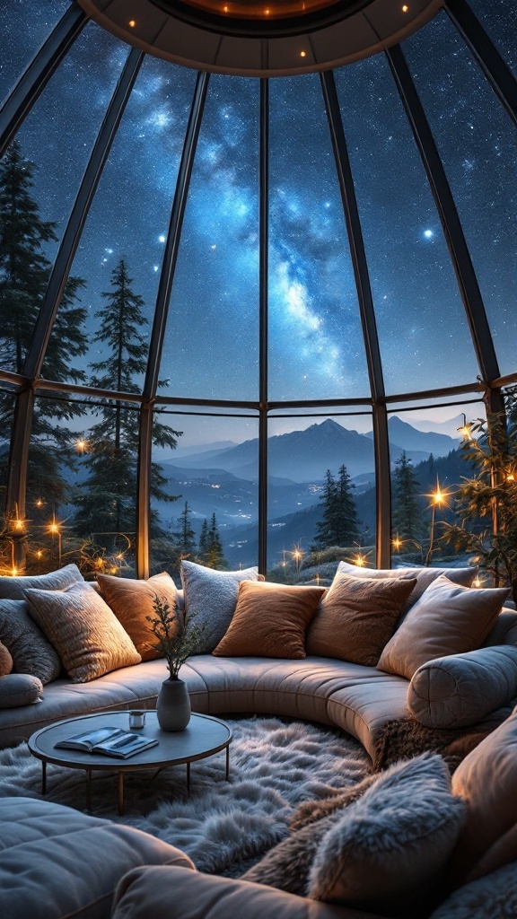 Cozy glass-domed living room with a view of a starry sky and comfortable seating