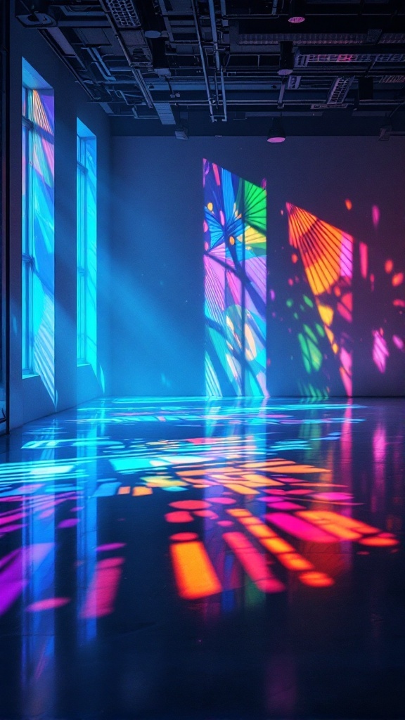 An office space with colorful light patterns and shadows on the walls and floor, creating a vibrant atmosphere.