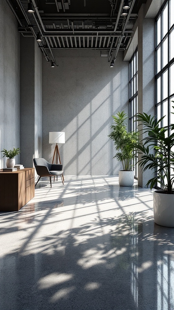 An office space with geometric shadows cast by sunlight through large windows, featuring minimalist furniture and plants.