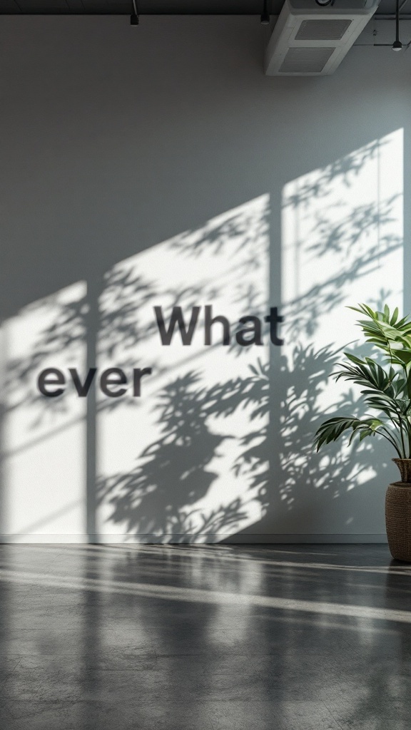 An office wall with shadows creating the text 'Whatever' and plant silhouettes.