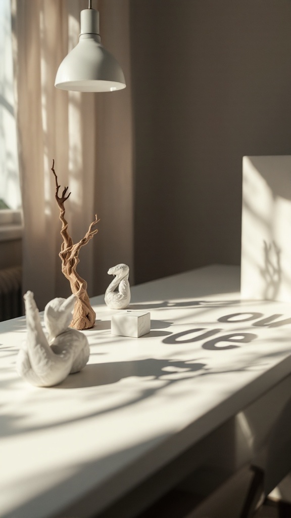 A minimalist office desk with shadow sculptures and a pendant light, creating a serene atmosphere.