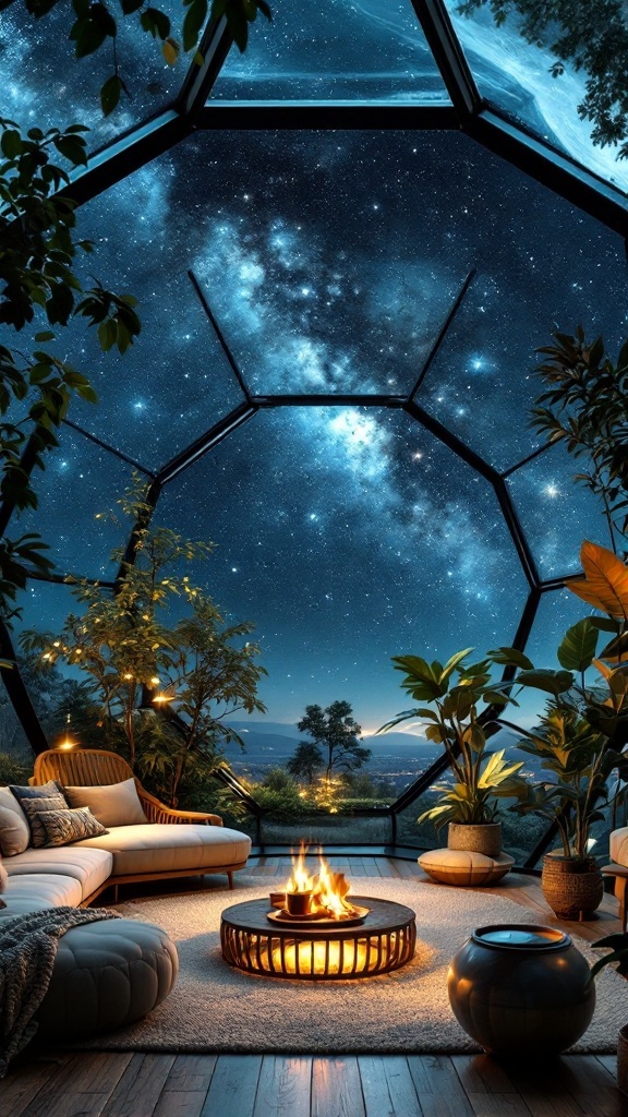 A modern living room with a glass dome ceiling revealing a starry night sky, featuring plants, cozy seating, and a circular fire pit.