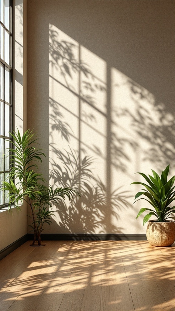 A sunlit office corner with plants casting shadows on the wall.