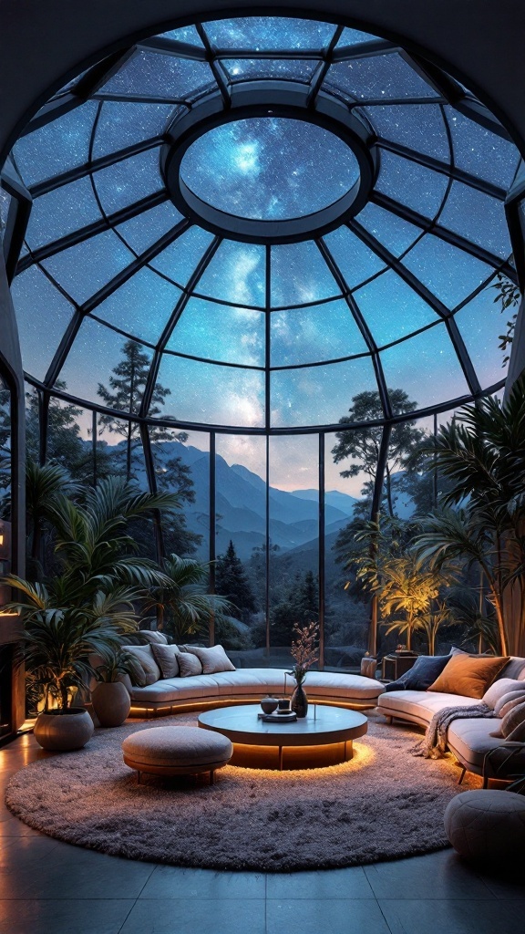 A cozy living room with a glass dome ceiling and starry sky view, featuring a circular coffee table, plush seating, and indoor plants.