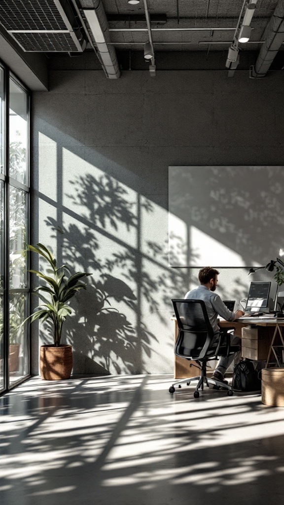 An office space with light and shadow effects created by plants and windows.