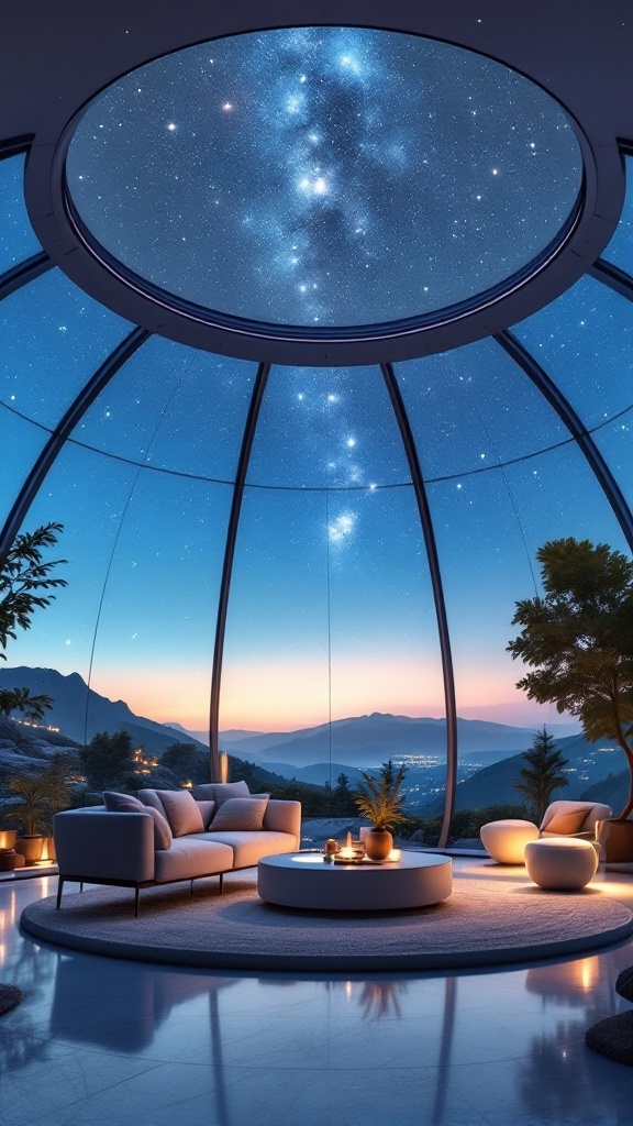 A modern living room with a glass dome ceiling showcasing a starry sky view.