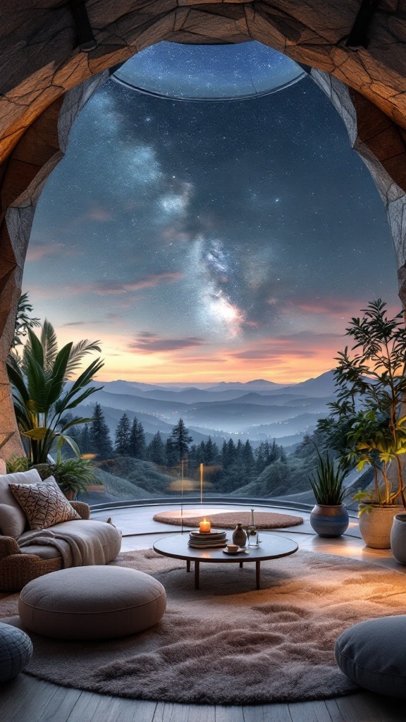 A cozy living room with a glass dome ceiling showcasing a starry sky, featuring soft seating and plants.