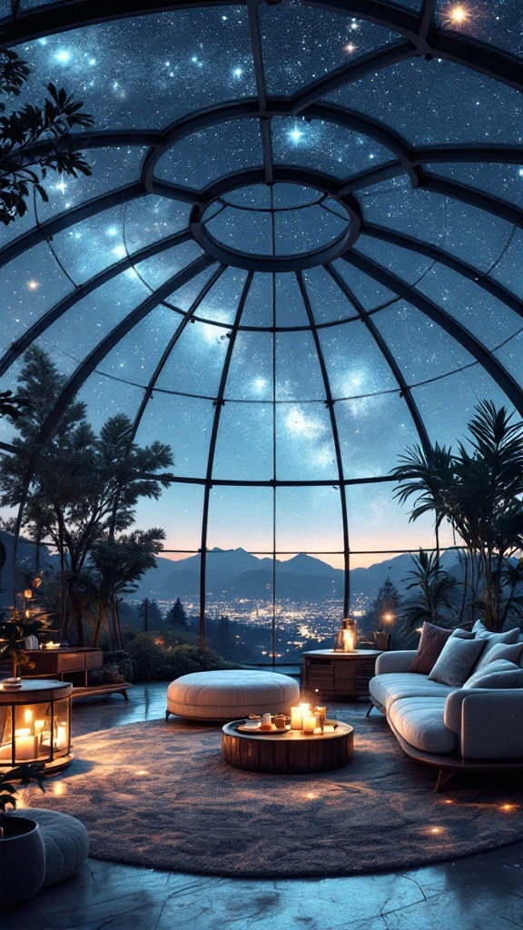 Cozy living room with a glass dome and starry sky view, featuring comfortable seating and warm lighting.