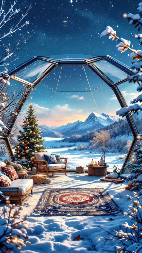 A cozy glass-domed living room with a starry sky view, decorated for winter with a Christmas tree and surrounded by snow-covered mountains.