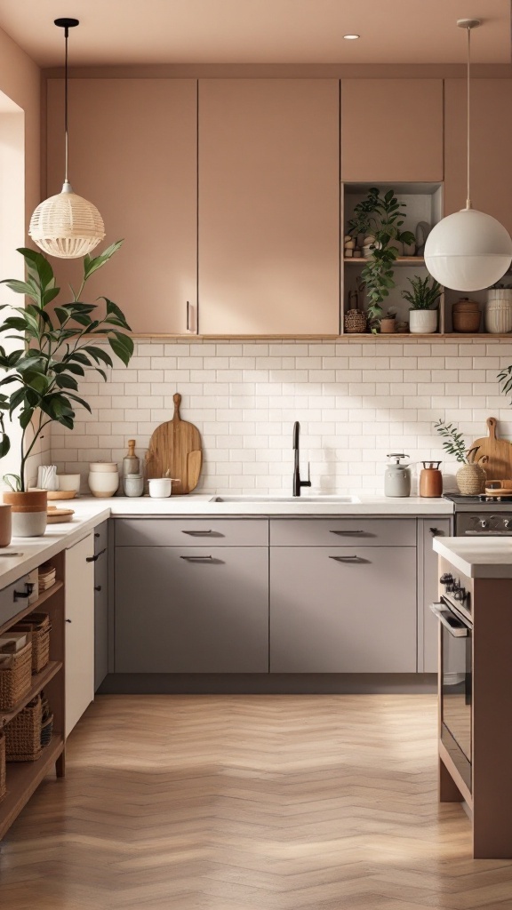 A modern loft kitchen featuring a warm color palette with blush cabinets, gray drawers, and a cozy dining nook.