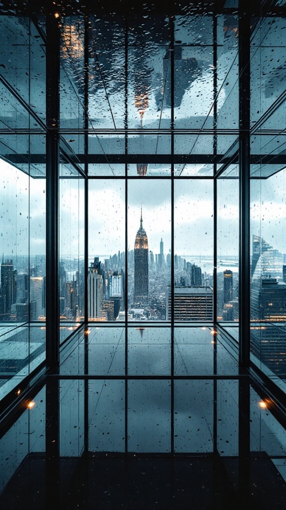 A penthouse lounge with rain streaked glass ceilings, showcasing reflections of the city skyline.