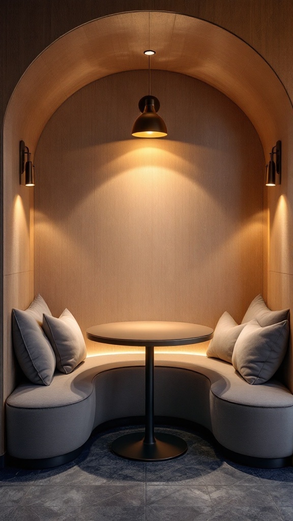 Cozy dining nook with curved seating and soft cushions, illuminated by warm lighting.