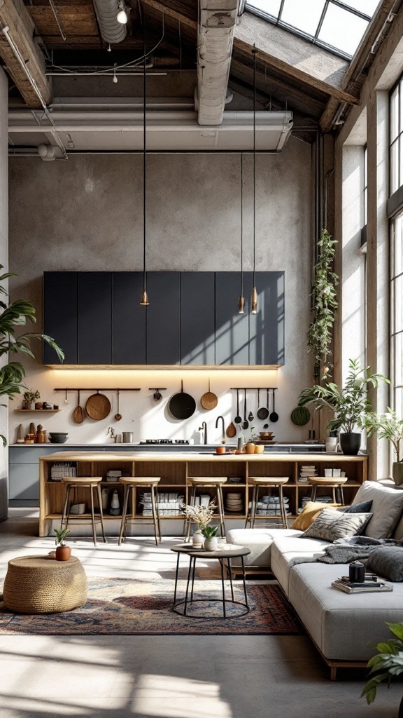 A modern loft kitchen featuring under-counter dining, large windows, and plants, creating an open and inviting atmosphere.