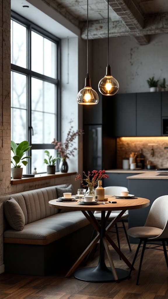 Loft kitchen with under-counter dining nook featuring pendant lighting and plants.