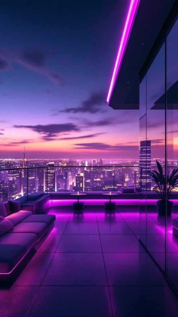 Penthouse lounge with purple LED lights and a view of the city skyline at sunset