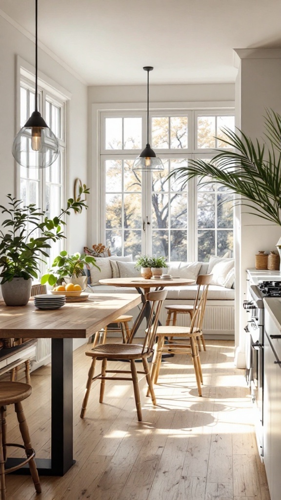 A bright loft kitchen with large windows and an under-counter dining nook surrounded by plants.