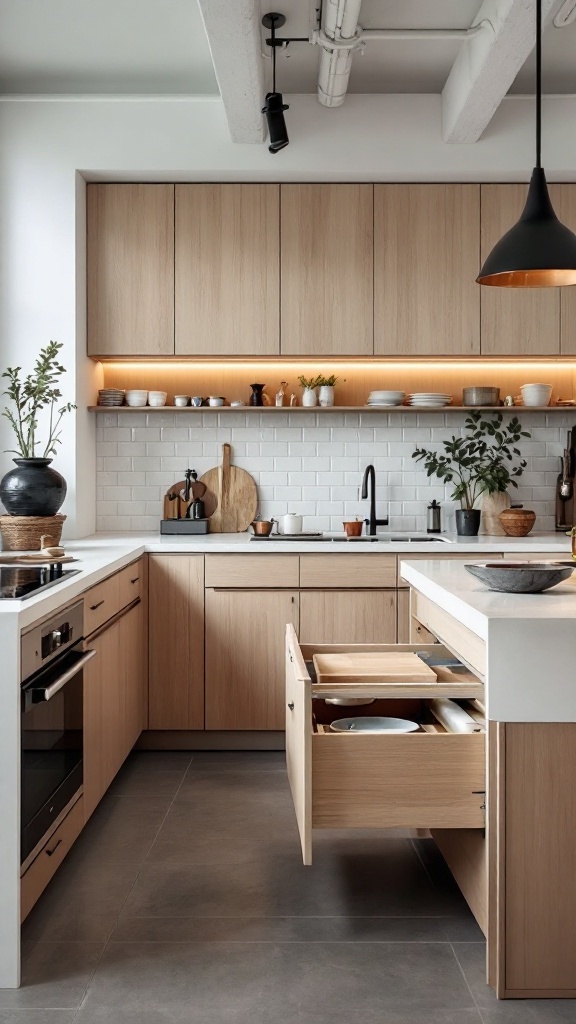 A modern loft kitchen featuring light wood cabinetry, open shelving, and under-counter drawers