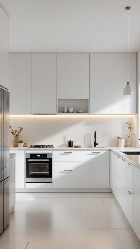 A modern minimalist loft kitchen featuring white cabinetry and under-counter dining nook