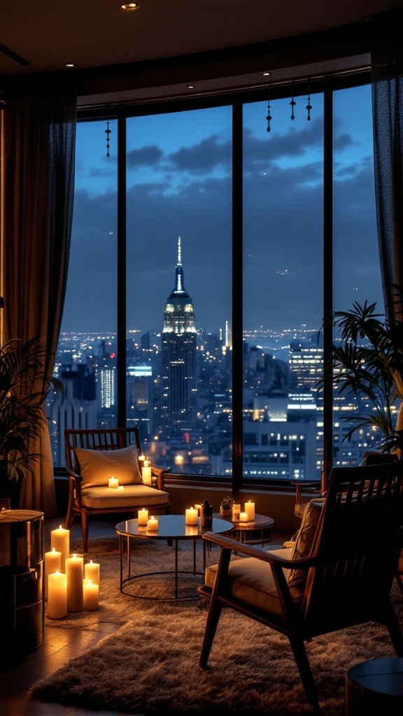 A cozy penthouse lounge with candlelight, plush furniture, and a city skyline view