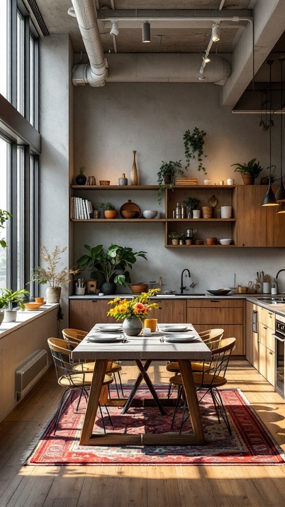 A modern loft kitchen with large windows, featuring a wooden dining table, plants, and stylish decor.