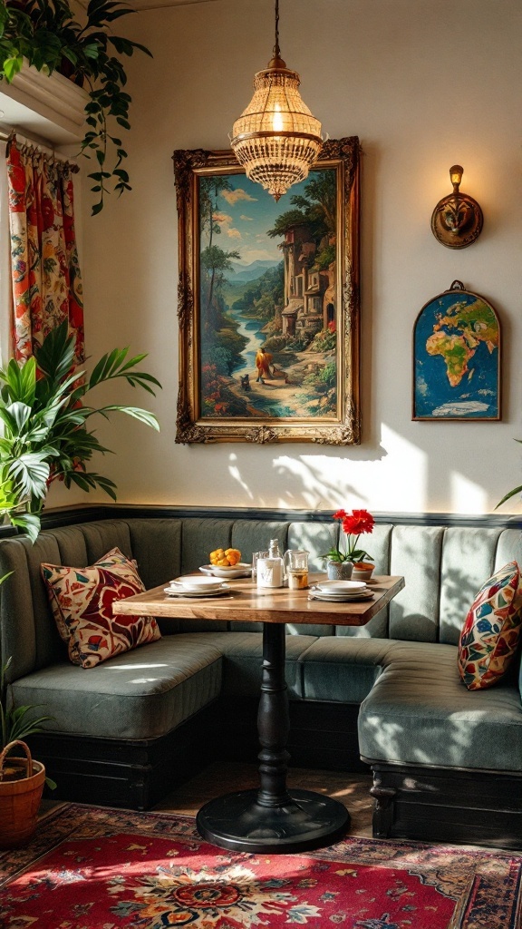 Cozy dining nook with green couch, wooden table, and decorative details.