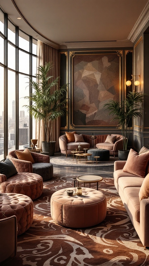 A cozy penthouse lounge featuring plush textured furniture in soft pink tones, arranged for comfort and conversation.