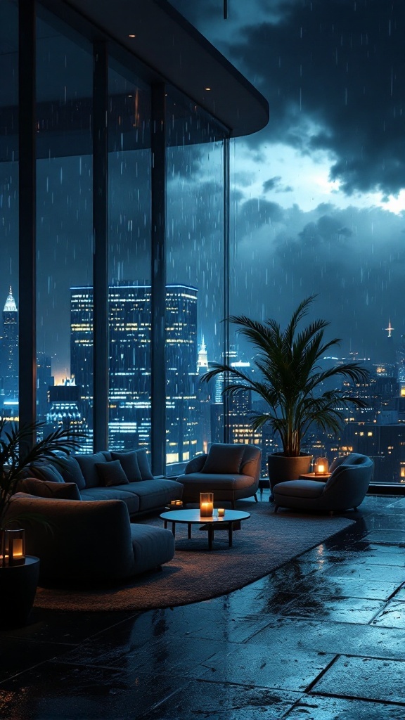 A cozy penthouse lounge featuring rain-streaked glass ceilings, purple LED strips, and plush furniture with city views.