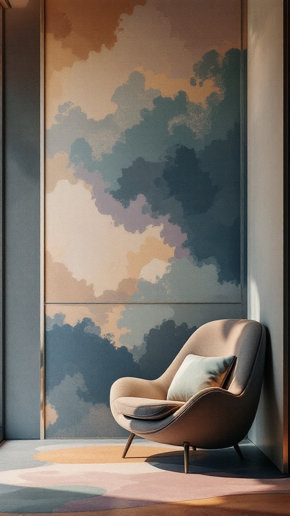 A cozy penthouse lounge featuring textured walls in soft colors and plush furniture.
