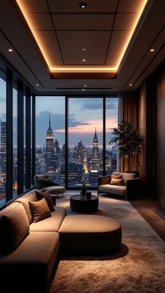 A stylish penthouse lounge with plush furniture, purple LED lighting, and a view of the city skyline through large windows.