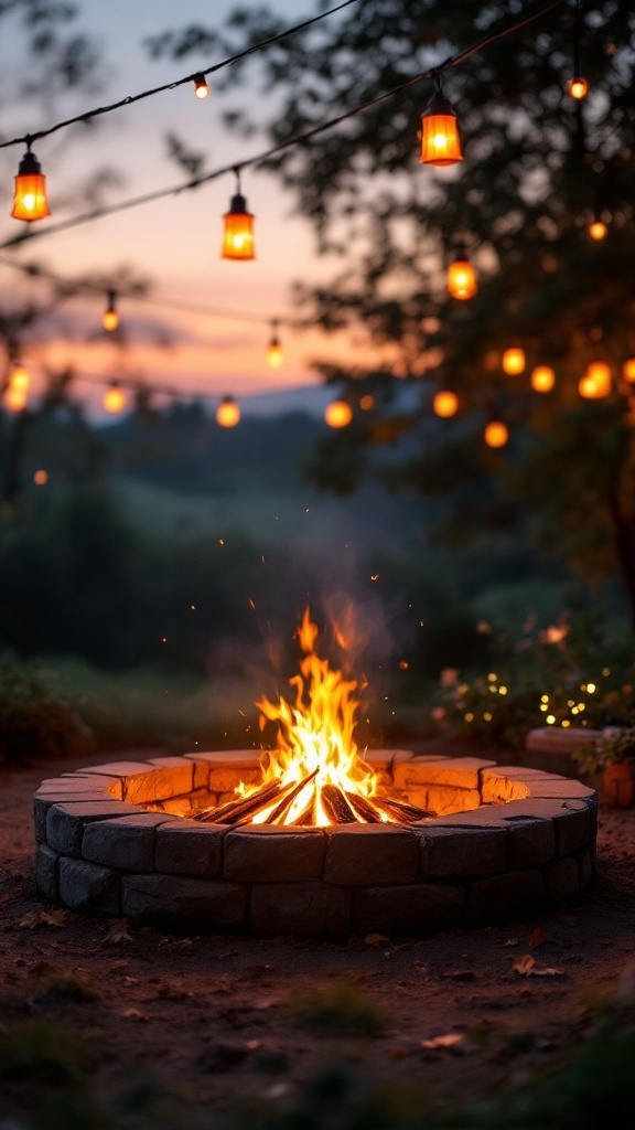 A cozy fire pit surrounded by string lights at dusk, creating an inviting atmosphere.
