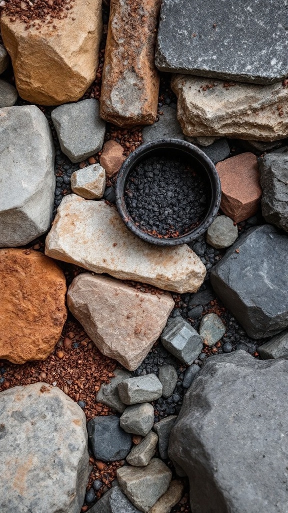 A collection of various stones surrounding a black bowl filled with charcoal, emphasizing durable materials for a fire pit.