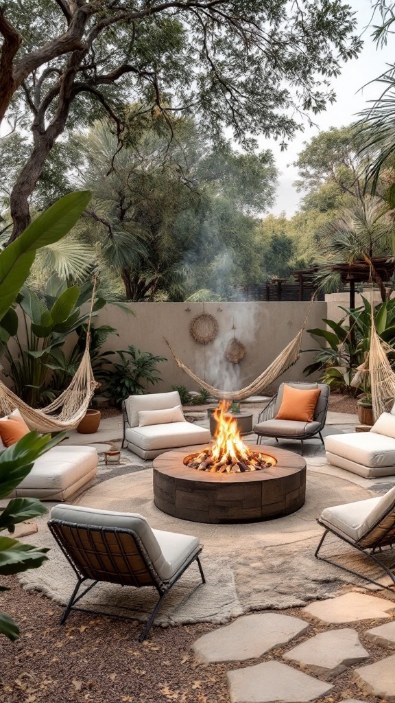 A cozy outdoor seating arrangement around a fire pit with plush chairs and hammocks, surrounded by greenery.