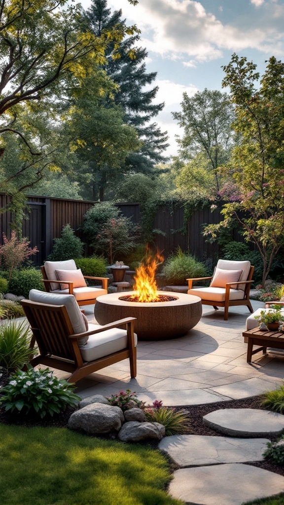 Seating area around a fire pit with comfortable chairs and surrounding greenery.