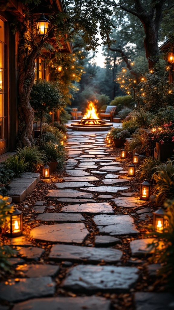 A stone pathway illuminated by lanterns leading to a fire pit surrounded by greenery.