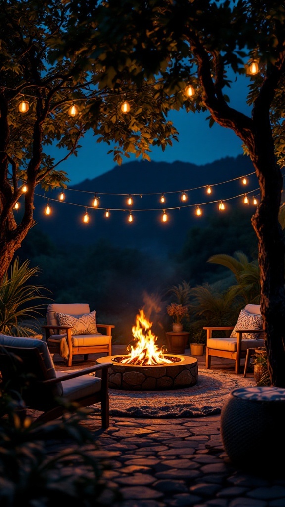 A fire pit surrounded by cozy seating and string lights creating a warm outdoor ambiance