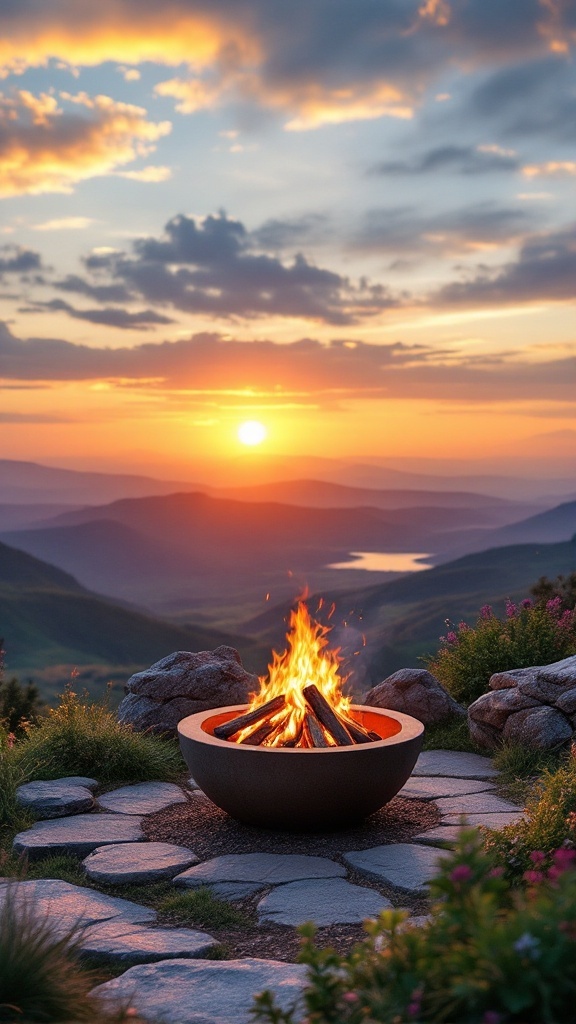 A well-designed fire pit surrounded by stones, with a sunset view over distant mountains.