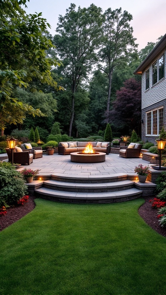A multi-level patio with a central fire pit surrounded by seating and greenery.