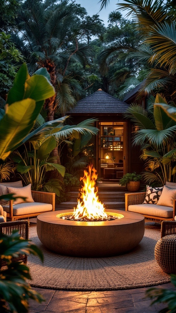 A cozy outdoor fire pit surrounded by lush greenery and comfortable seating, creating a relaxing atmosphere.