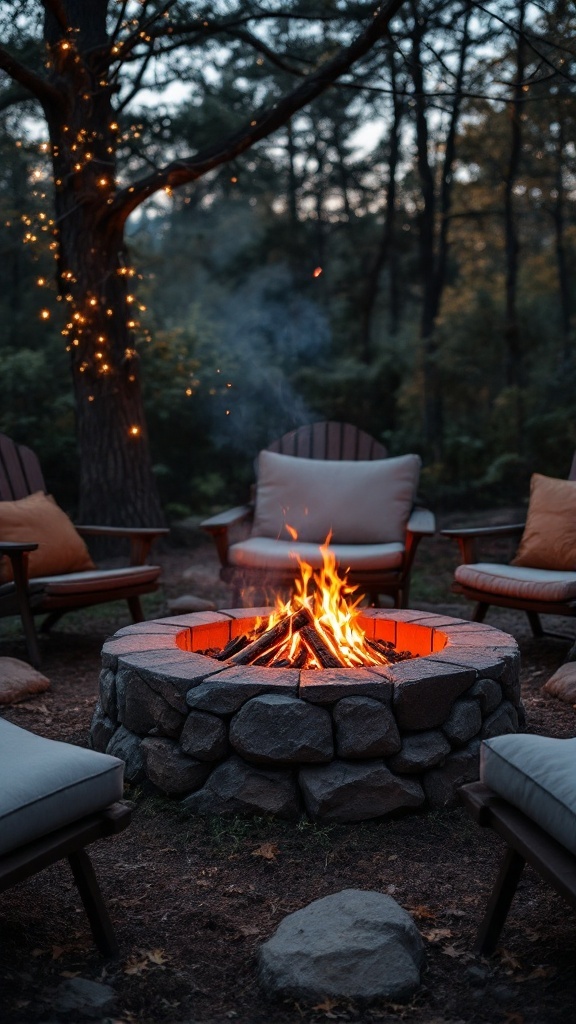 A cozy outdoor fire pit setup surrounded by comfortable seating in a wooded area.