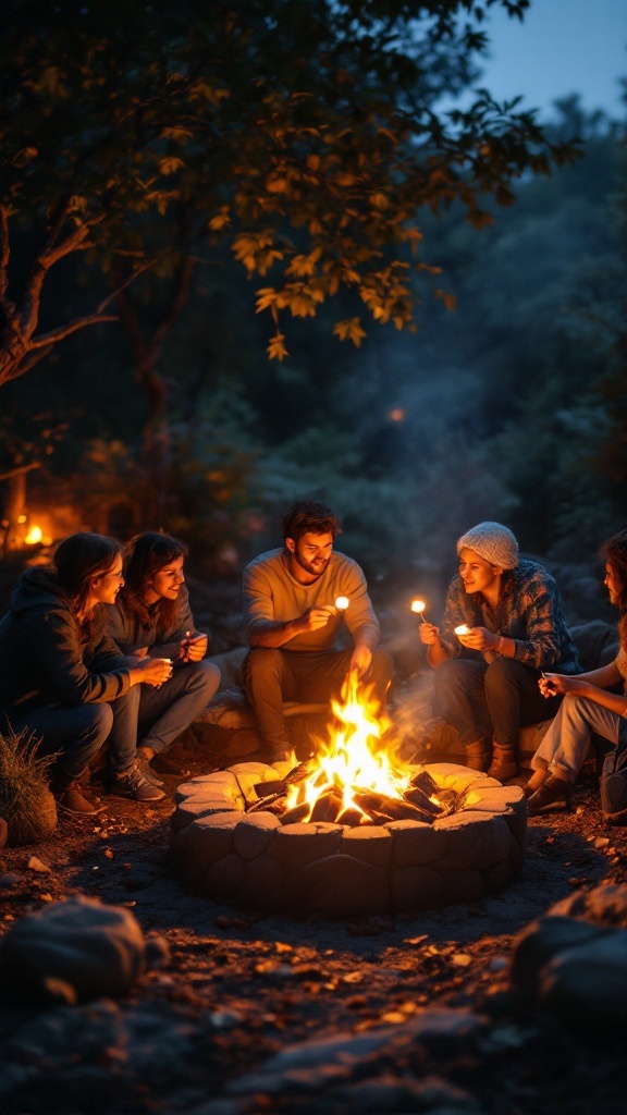 Group of friends around a fire pit enjoying an evening together