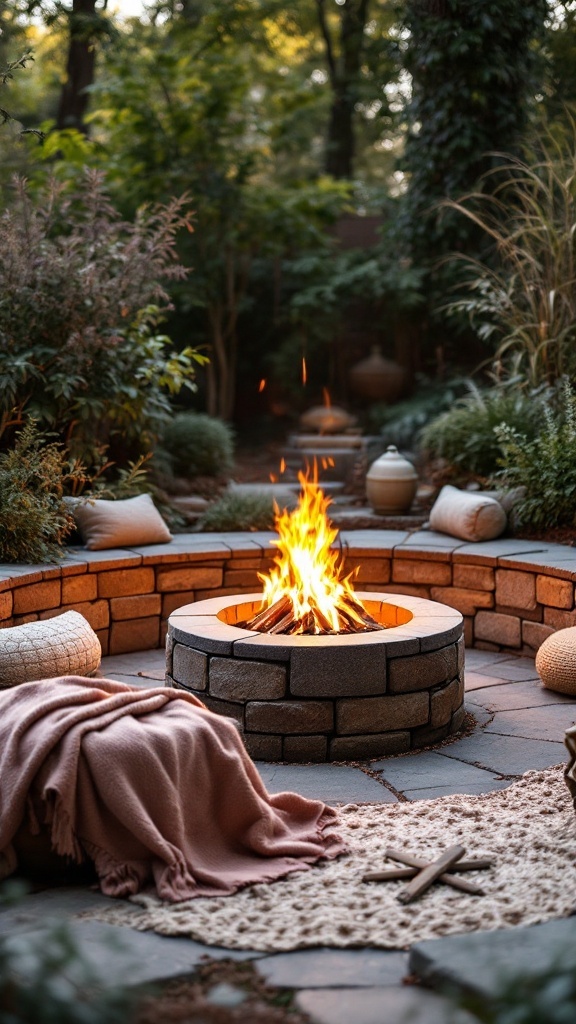 A cozy outdoor fire pit surrounded by built-in seating and greenery