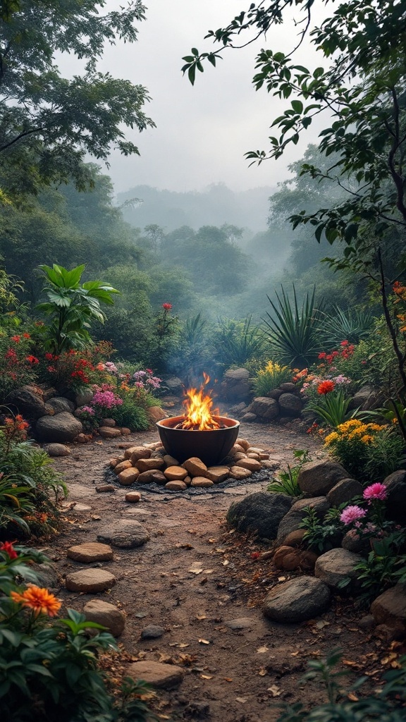 A serene fire pit surrounded by colorful flowers and lush greenery in a misty environment.