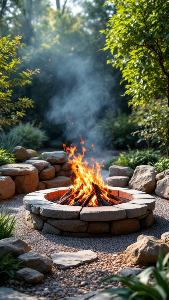 Fire pit surrounded by natural stones and greenery in a landscaped garden.