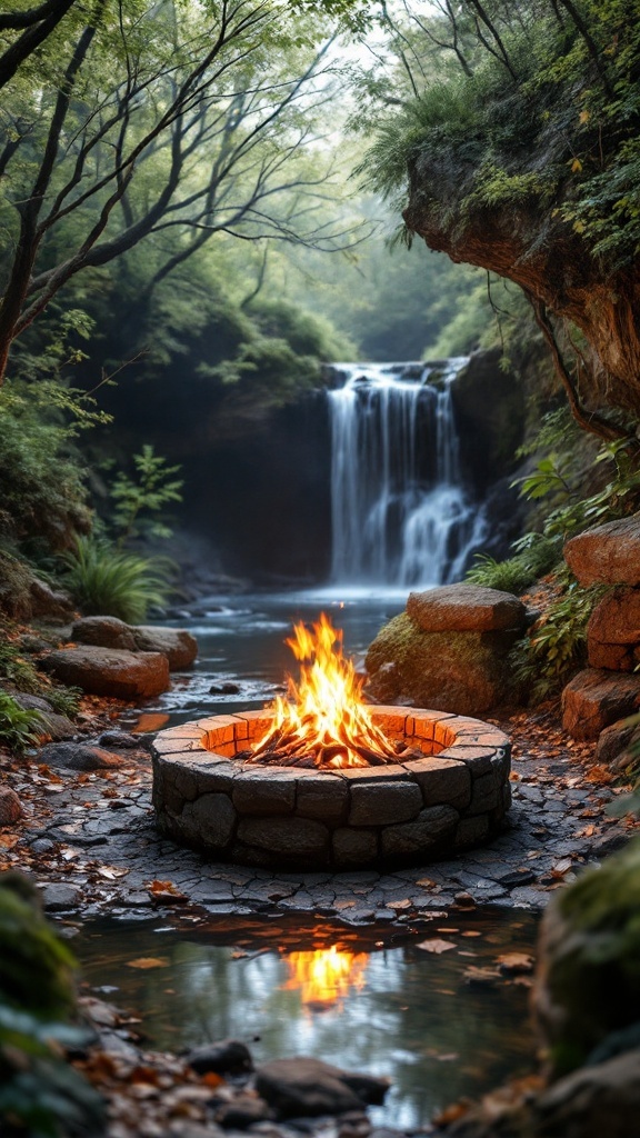 A fire pit surrounded by a serene natural landscape with a waterfall in the background.