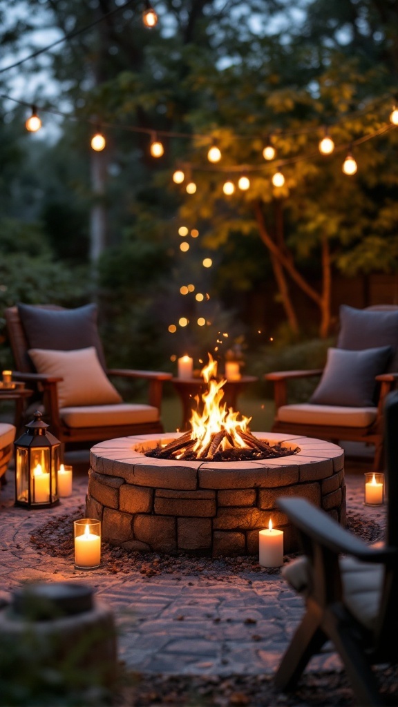 A cozy outdoor fire pit surrounded by string lights and candles.