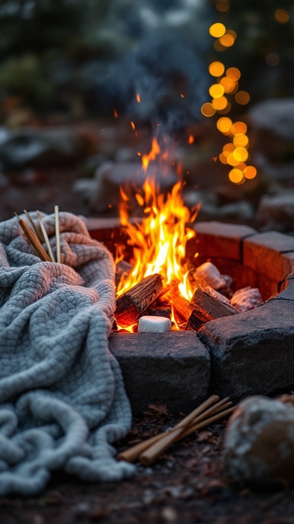 Cozy fire pit surrounded by a blanket, sticks for roasting, and glowing lights in the background