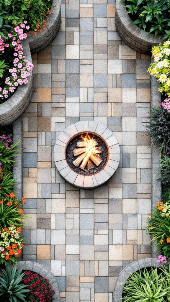 An aerial view of a fire pit surrounded by paver stones and colorful flowers.