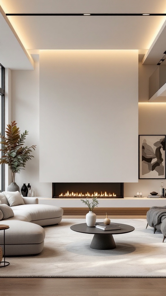 A minimalist living room featuring a linear fireplace with artful lighting fixtures.